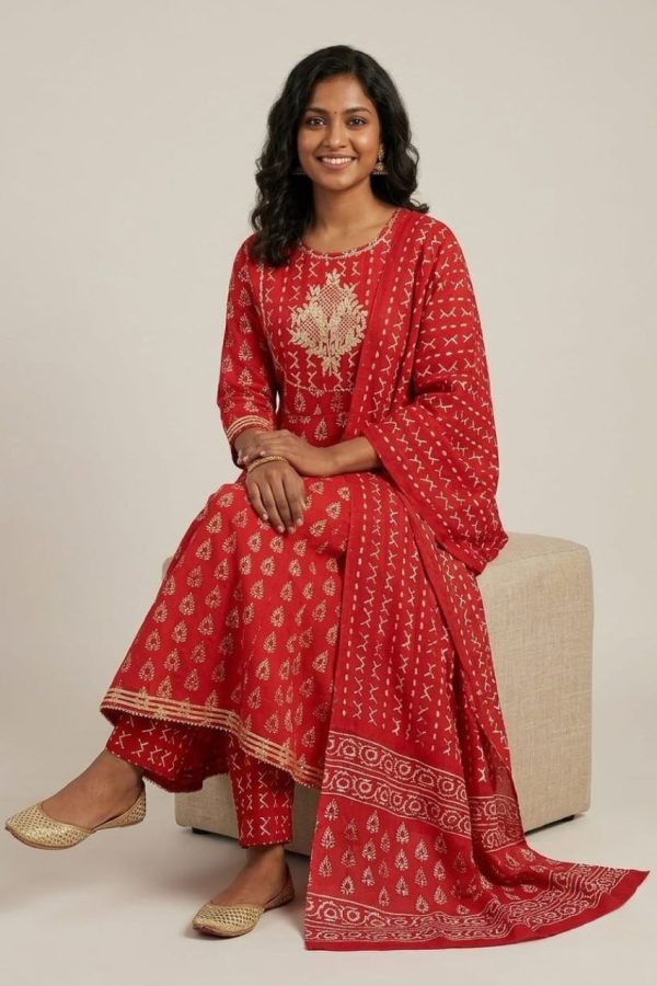 Red Cotton Anarkali Suit Set With Dupatta