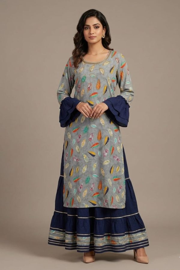 Blue And Gray Rayon Kurta And Skirt Set