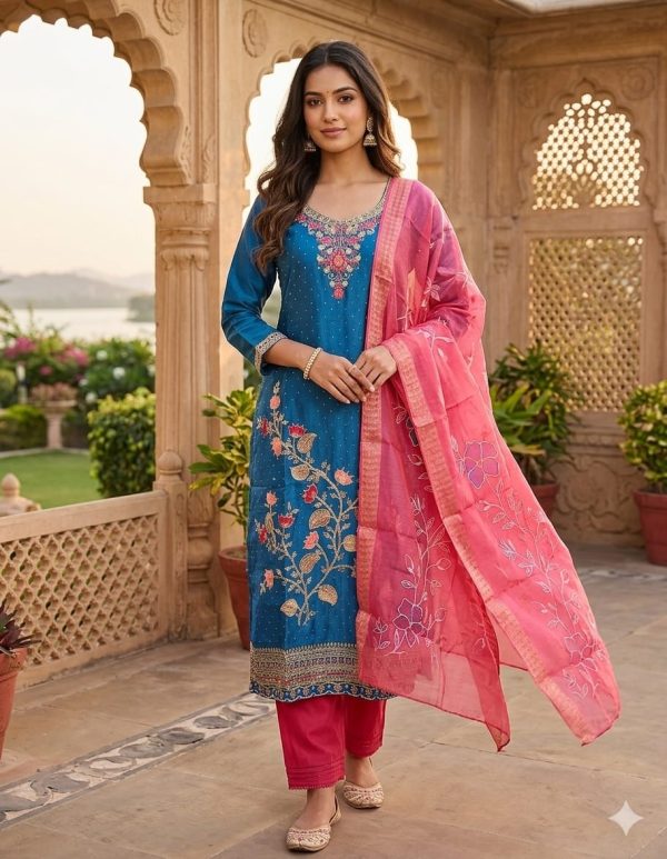 Teal Floral Embroidered Salwar Suit Set with Dupatta