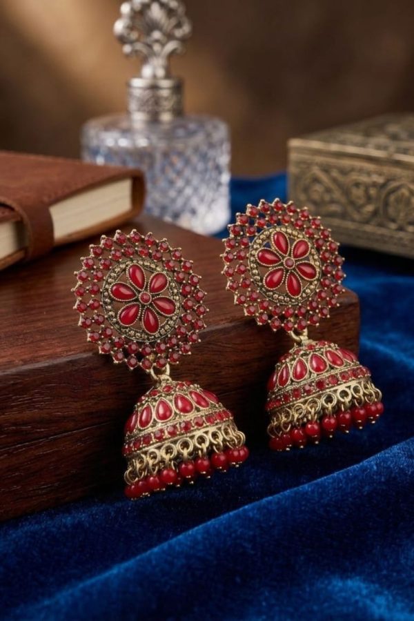 Red Stone Jhumka Earring Set