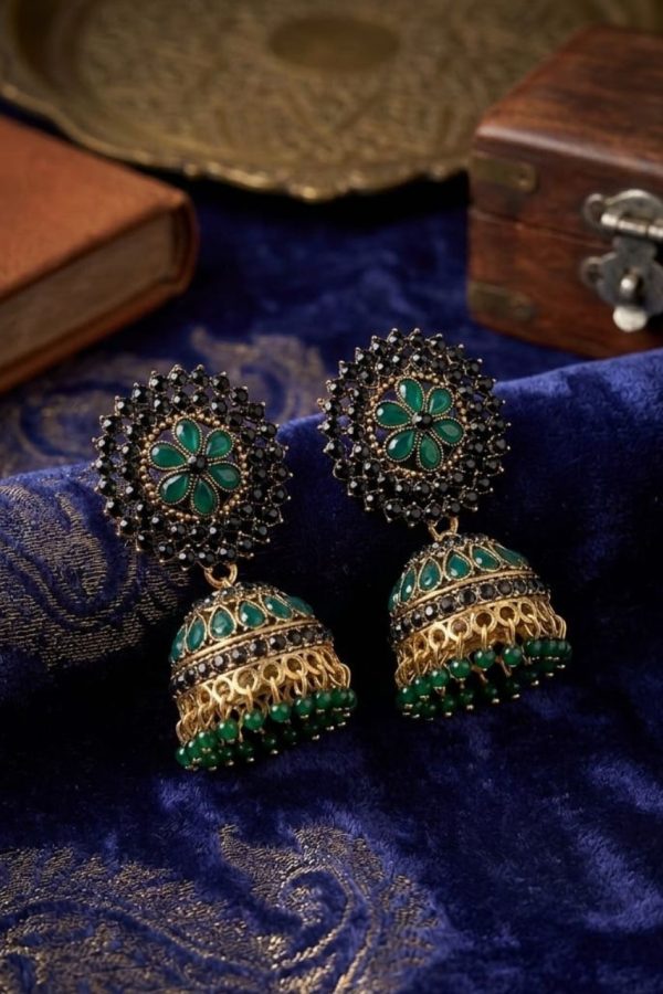 Bottle Green Stone Jhumka Set