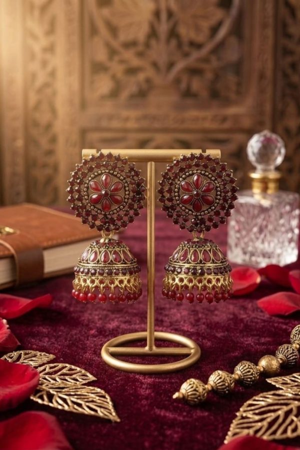 Burgundy Stone Jhumka Earring Set
