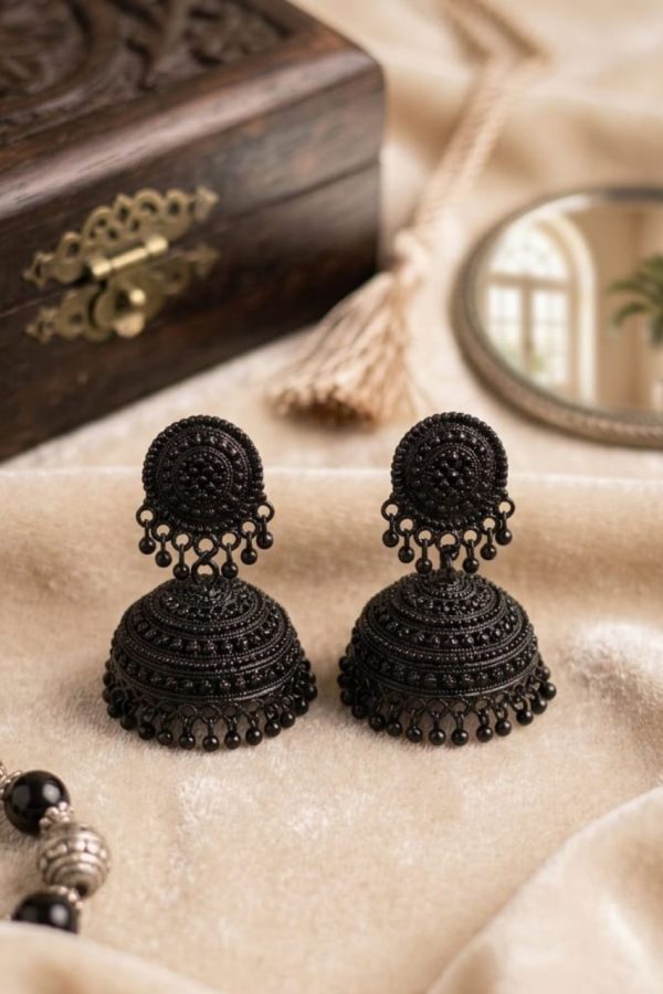 Black Metal Jhumka Earring With Beads