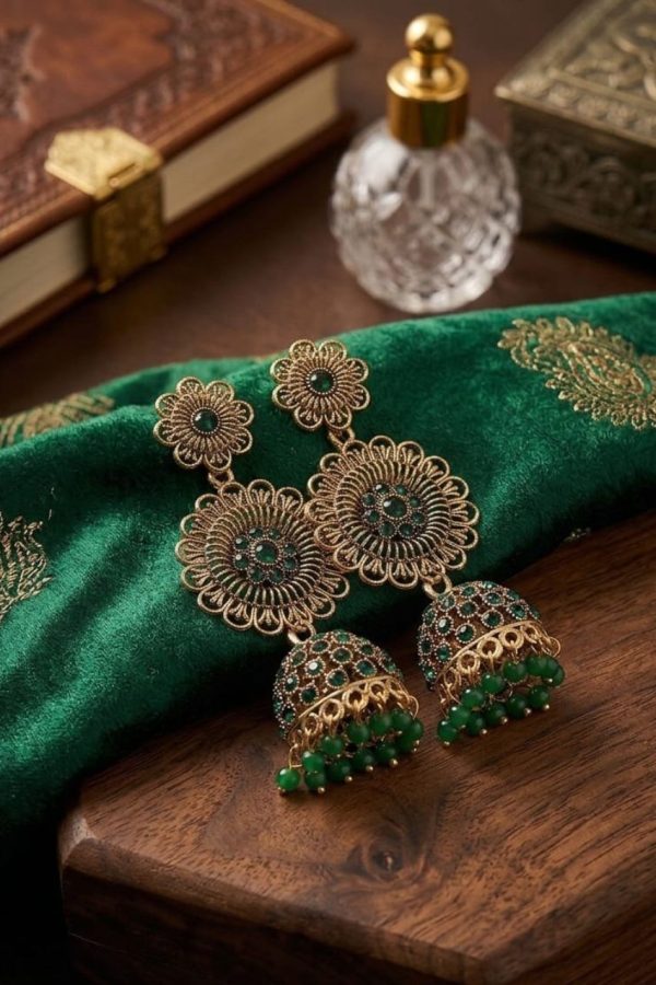 Beautiful Green Stone & Bead Jhumkas