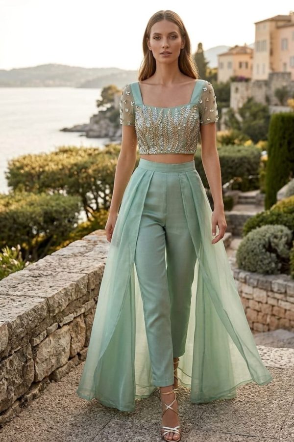 Mint Green Embellished Organza Crop Top & Pant Style