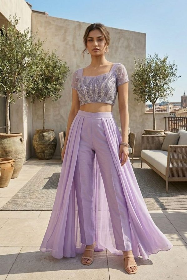 Lavender Embellished Organza Crop Top & Pant Style