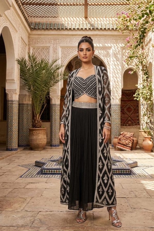 Black Embroidered Crop Top With Drape Skirt And Jacket