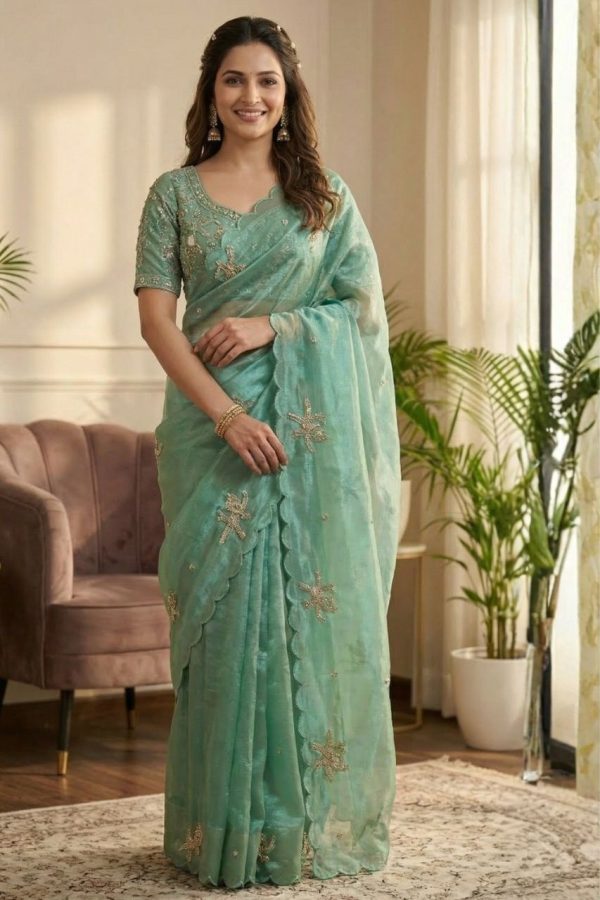 Handwork Designer Saree In Mint Green With Stitched Blouse