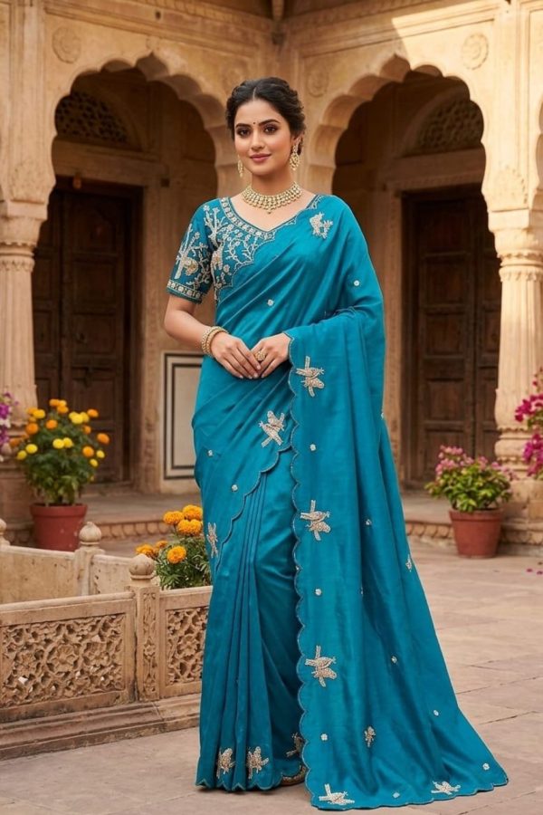 Designer Peacock Blue Handwork Silk Saree With Stitched Blouse