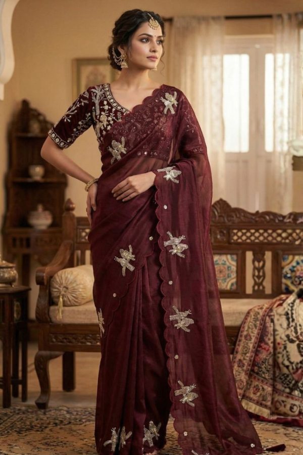 Designer Hand Worked Saree In Burgundy With Stitched Blouse