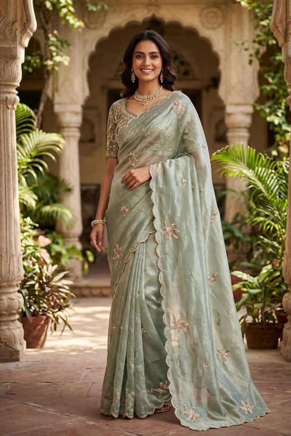 Designer HandWork Dual Shade Saree With Stitched Saree