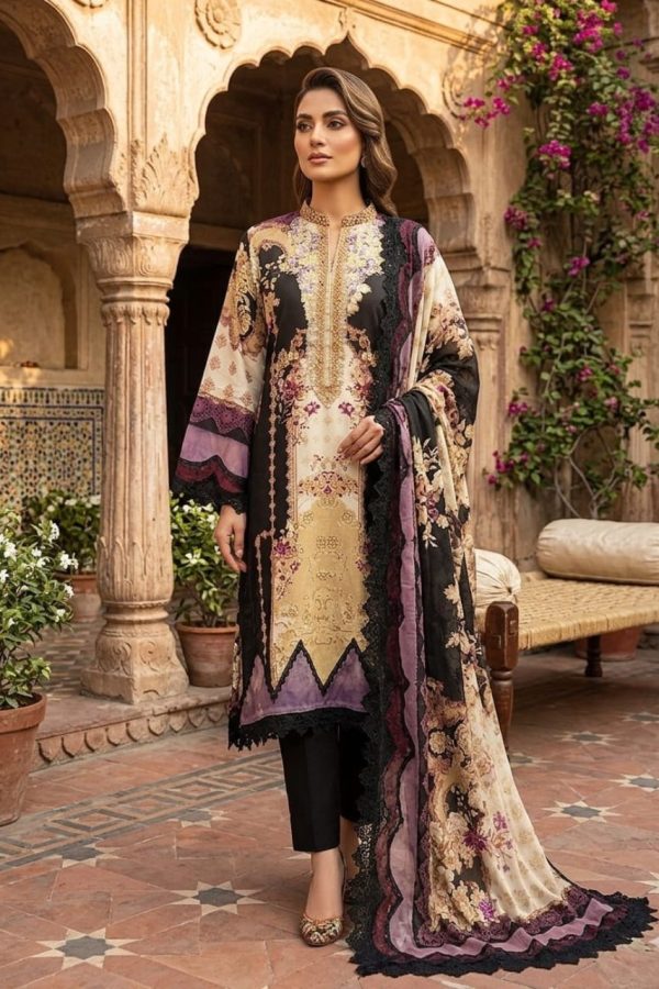Black Floral Print Pakistani Suit Set With Embroidery & Lace