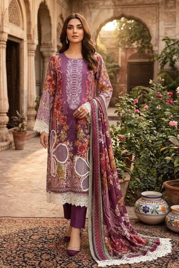 Purple Digital Print Pakistani Suit With Lace Work