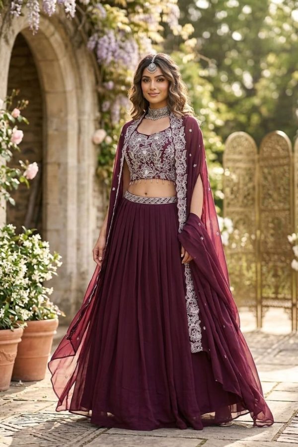 Wine Embroidered Crop top With Drape Skirt And Cape