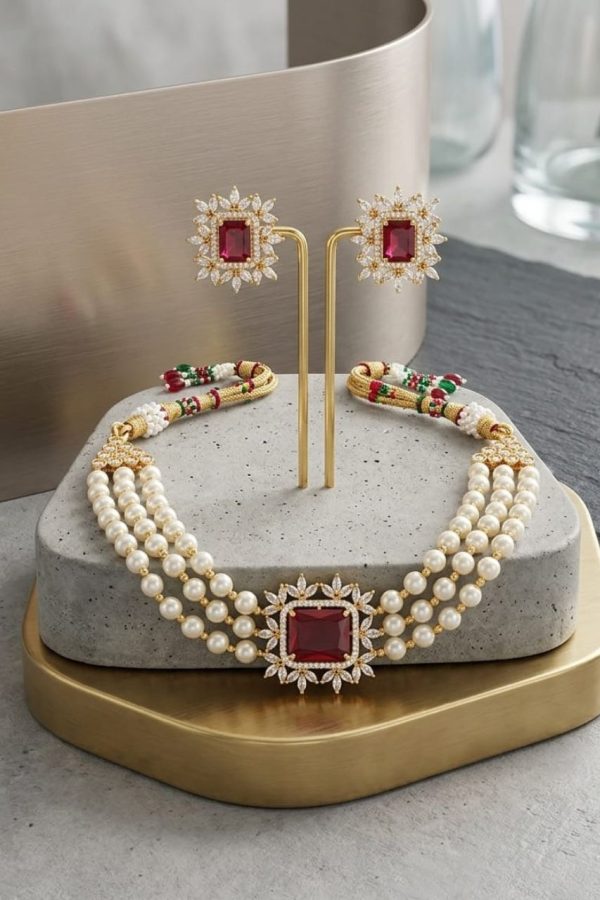 Luxury Pearl Choker Set with Ruby Stone Earrings