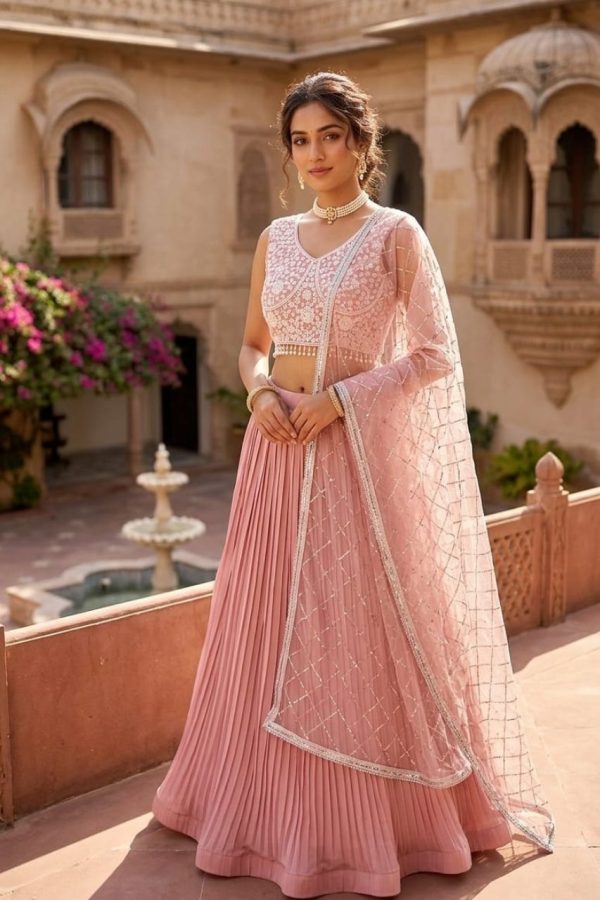 Baby Pink Handwork Crop Top With Skirt & Dupatta