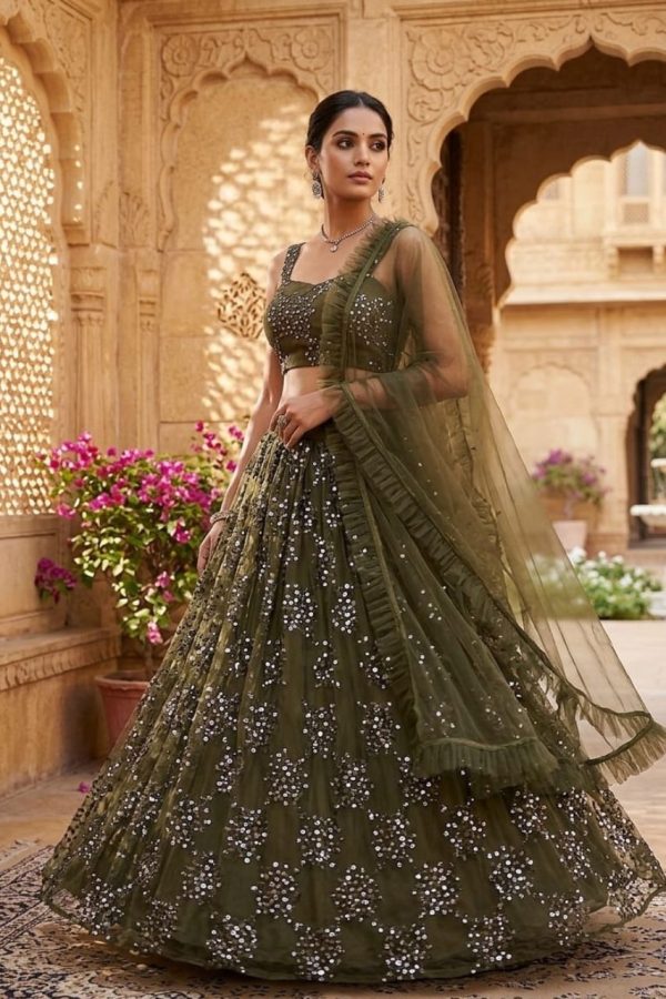 Mehendi Green Net Embroidery Lehenga Set With Dupatta