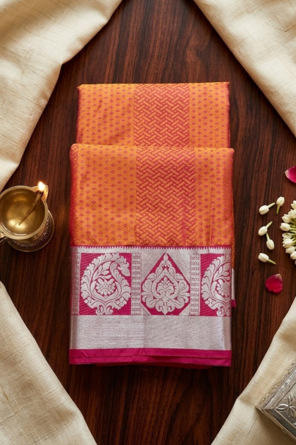 Sunset Orange Dual Shade Semi Kanchipuram Saree