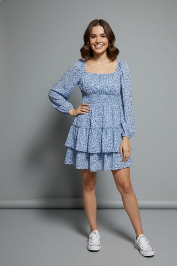 Blue Color Floral Print Midi Dress