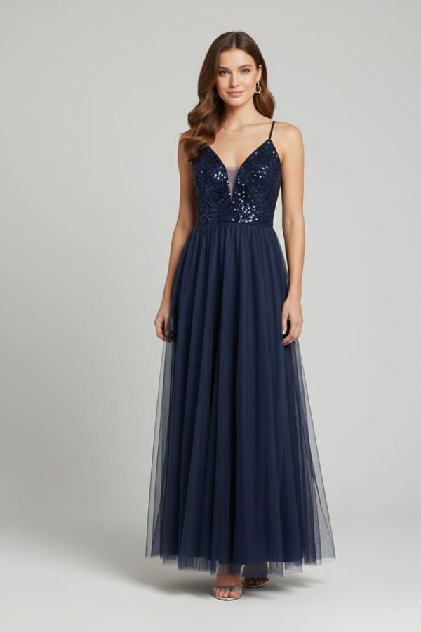 Navy Blue Net Spaghetti Strap Gown