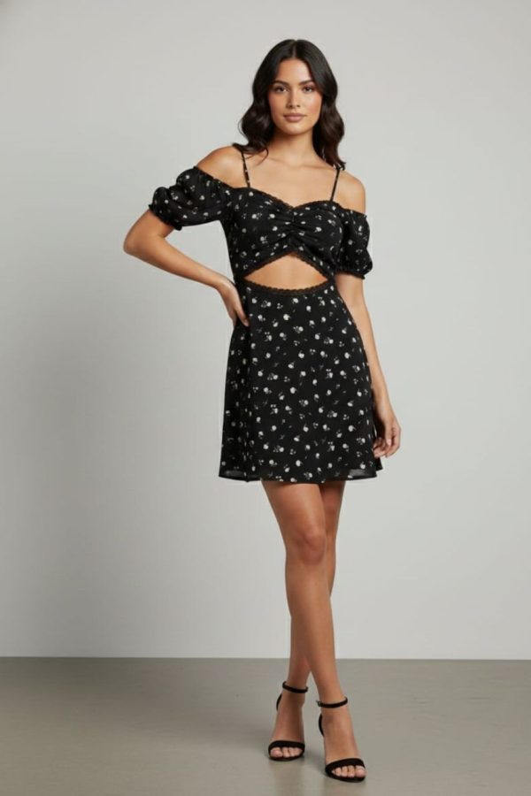 Black Floral Off Shoulder Midi Dress