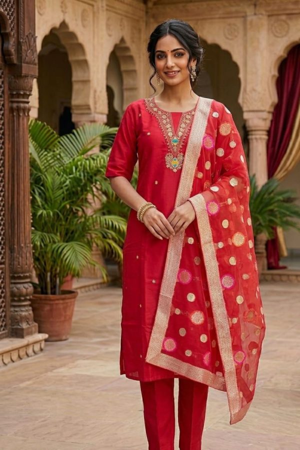 Red Color Soft Silk Straight Cut Salwar with Dupatta