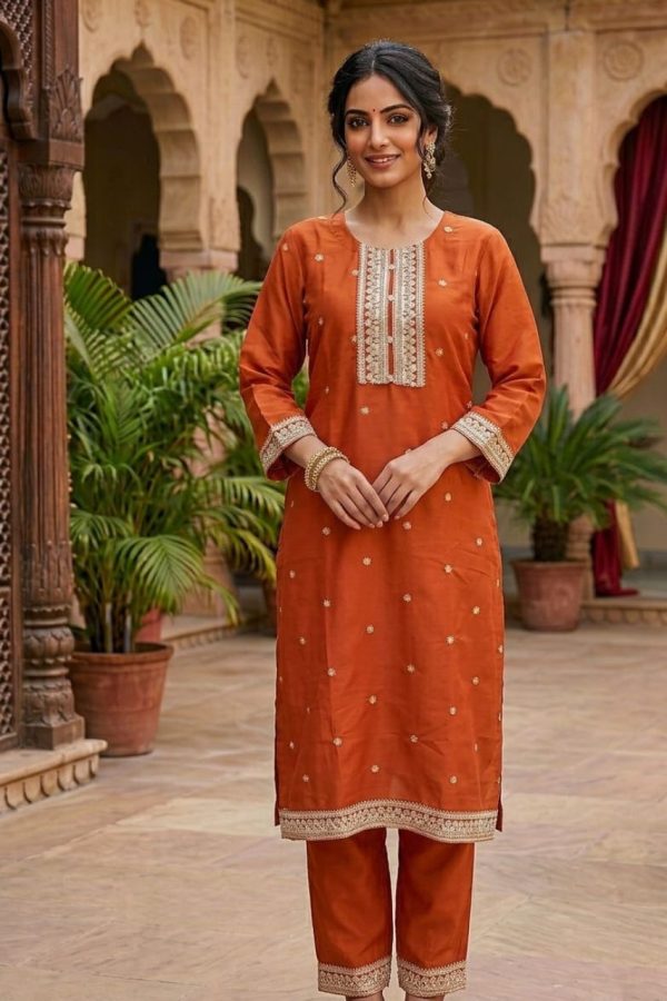 Burnt Orange Soft Silk Salwar Suit With Dupatta