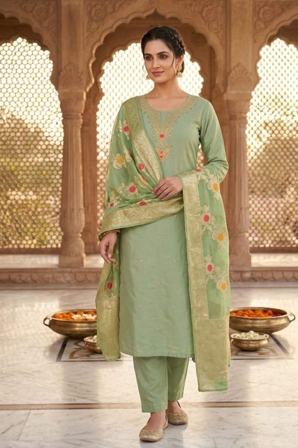 Pista Green Soft Silk Salwar Suit Set With Dupatta