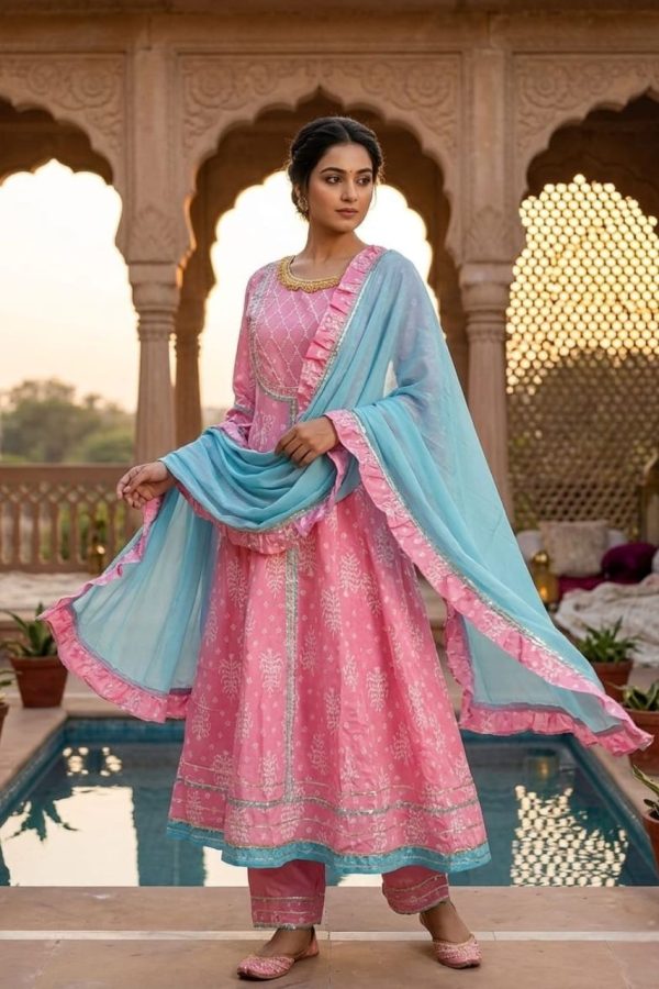 Pink Color Cotton Anarkali Suit Set With Flares