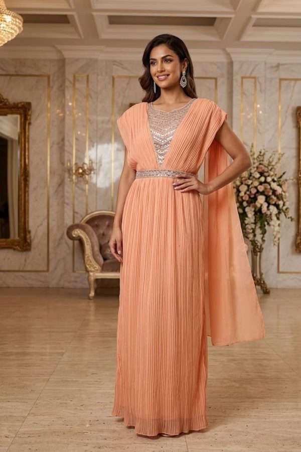 Peach Color Gown With Attached Dupatta