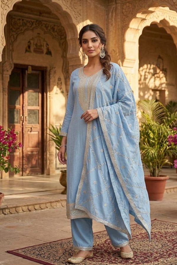 Powder Blue Straight Cut Salwar Set With Dupatta
