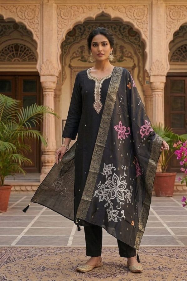 Black Color Soft Silk Salwar Suit Set With Dupatta