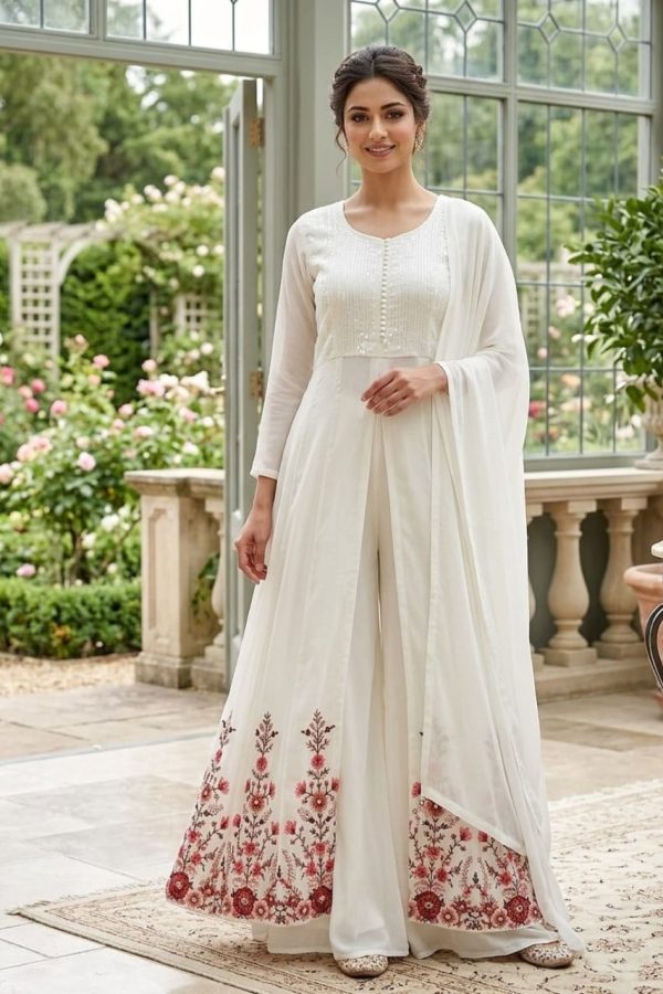 Off White Front Open Anarkali Suit Set With Dupatta