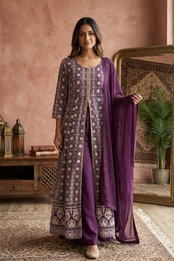Dark Purple Front Open Slit Anarkali With Palazzo Pant