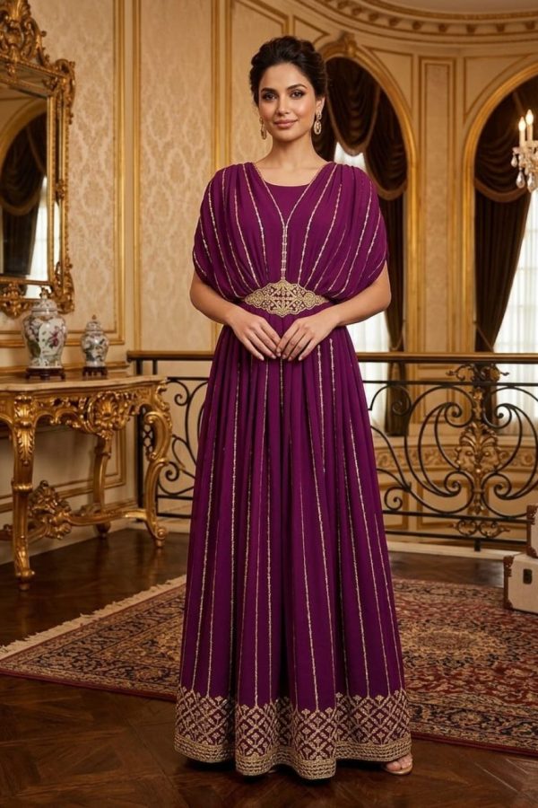 Georgette Gown In Violet With Golden Stripes