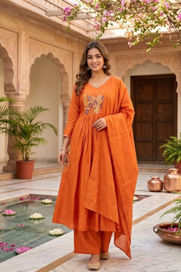 Burnt Orange Flared Chanderi Anarkali Suit Set