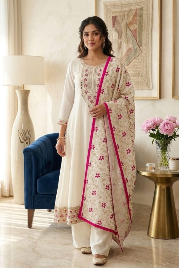 Off White Crepe Silk Anarkali Suit With Dupatta