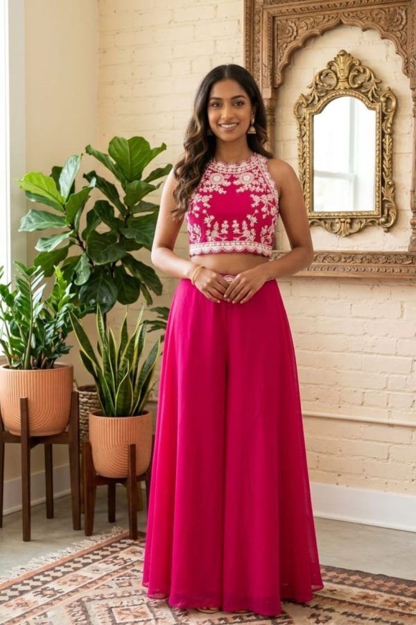 Rani Pink Crop Top Palazzo Set With Designer Dupatta