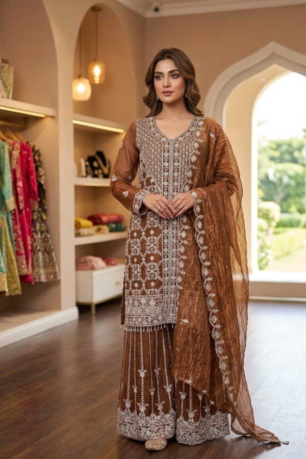 Coffee Brown Embroidery Palazzo Suit Set