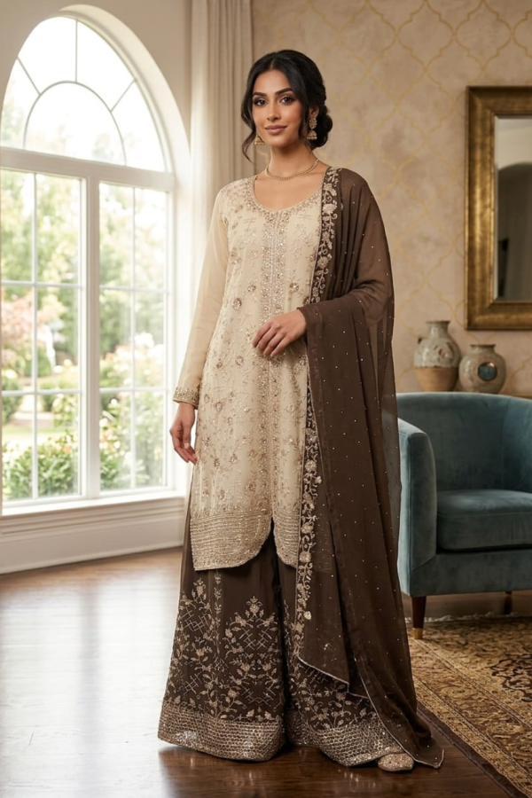 Beige & Brown Palazzo Suit Set With Dupatta