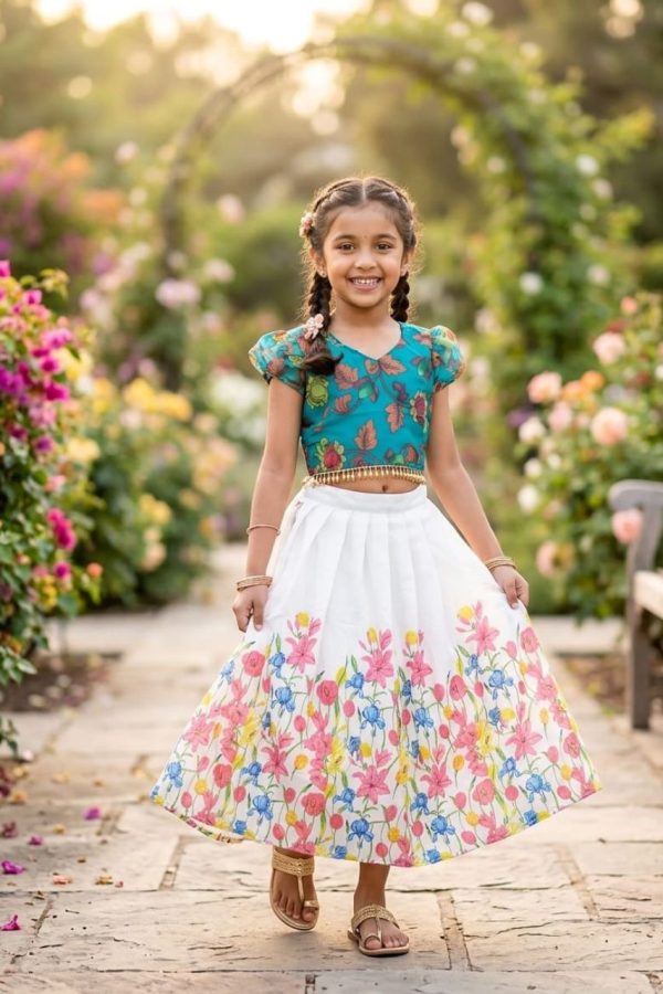 Floral Print Crop Top & Skirt In Teal