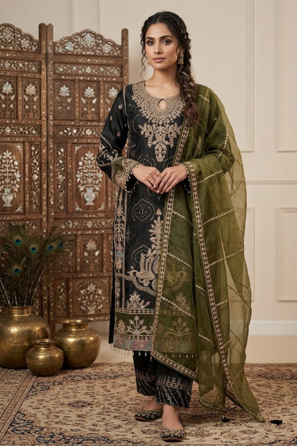 Black & Mehendi Green Pakistani Suit Set With Organza Dupatta