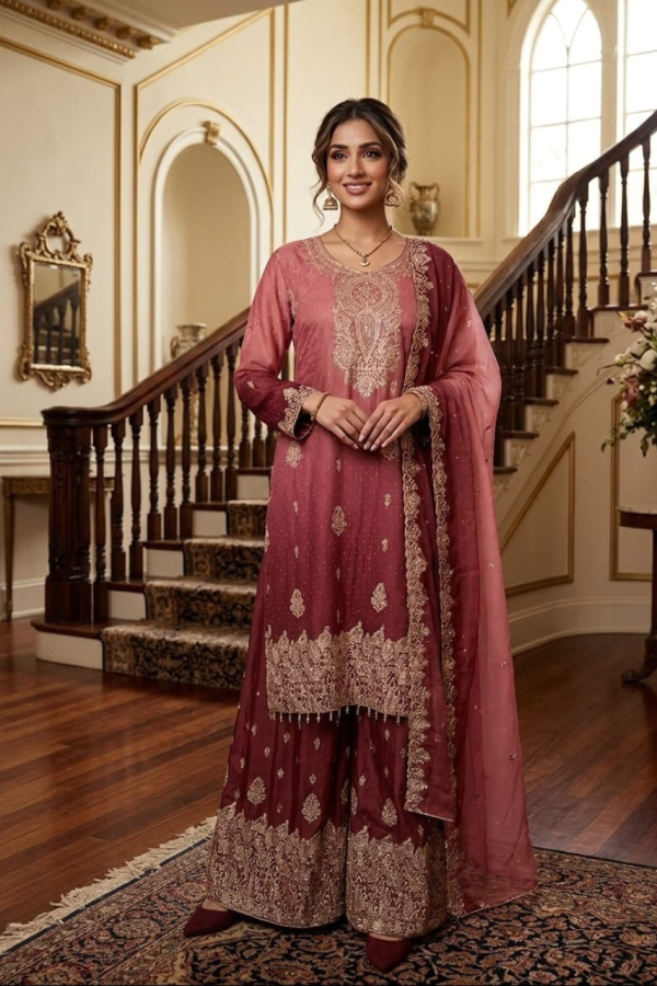 Ombre Peach and Plum Palazzo Set With Dupatta