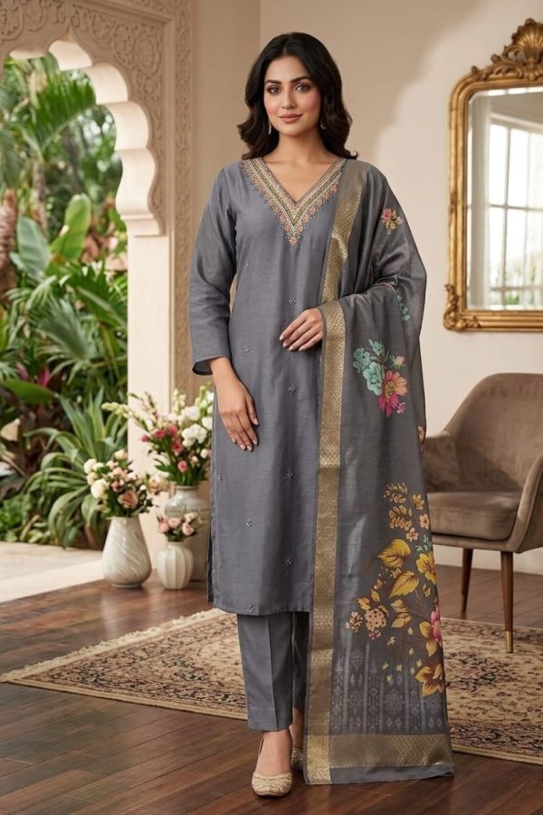 Charcoal Shade Salwar Suit Set with Floral Dupatta