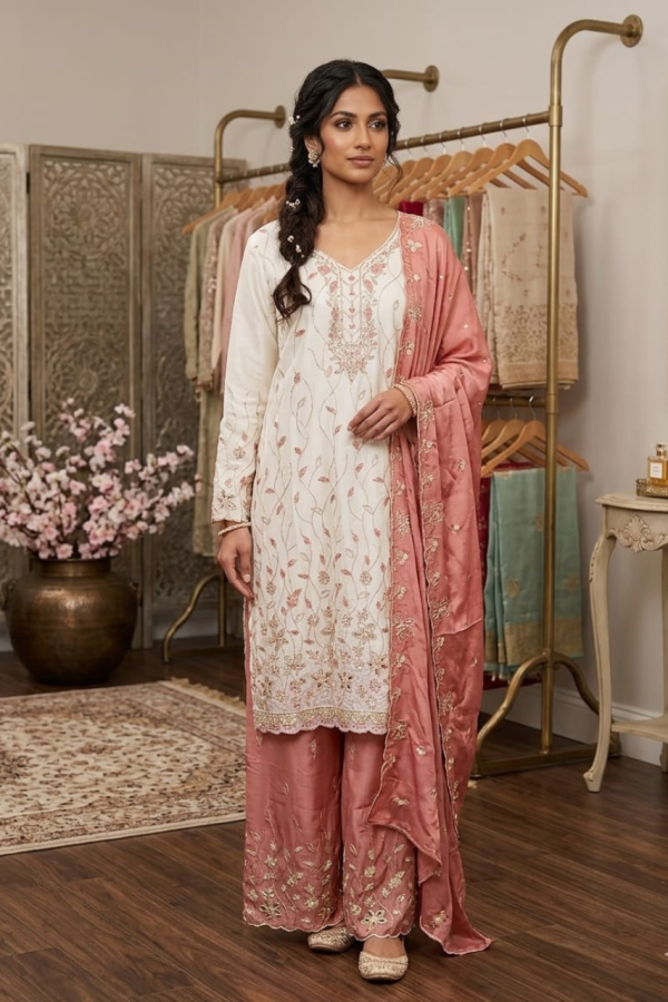 White &Peach Shade Palazzo Suit Set