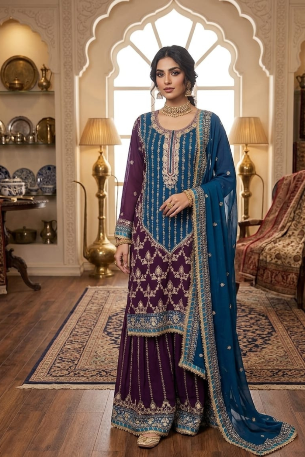 Purple And Wine Embroidery Palazzo Suit Set