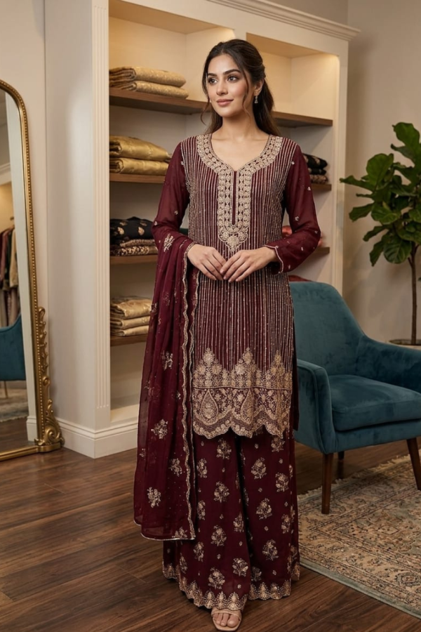 Burgundy Palazzo Suit Set With Dupatta
