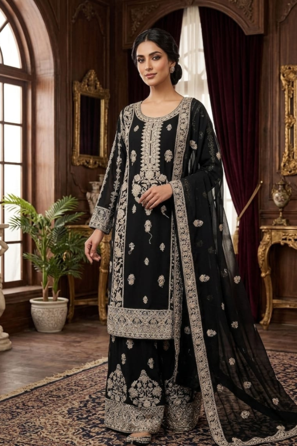 Black Palazzo Suit Set With Embroidery Work