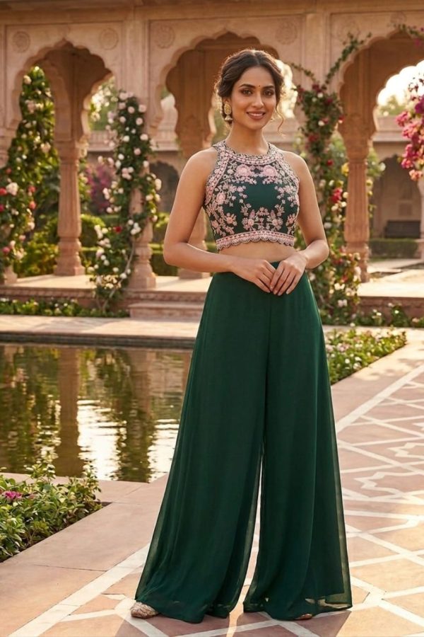 Bottle Green Designer Crop Top And Palazzo Set