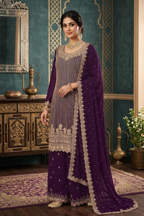 Wine Palazzo Suit Set With Dupatta